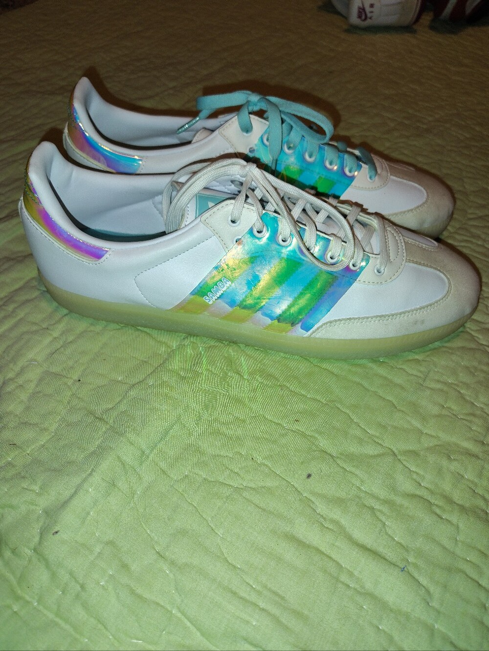 Adidas Samba Retro White Sneakers with Iridescent Aqua Stripes